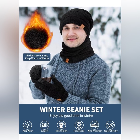 2024 Mens Hat Scarf and Gloves Set Winter, 3 in 1 Warm Set - Picture 4 of 8